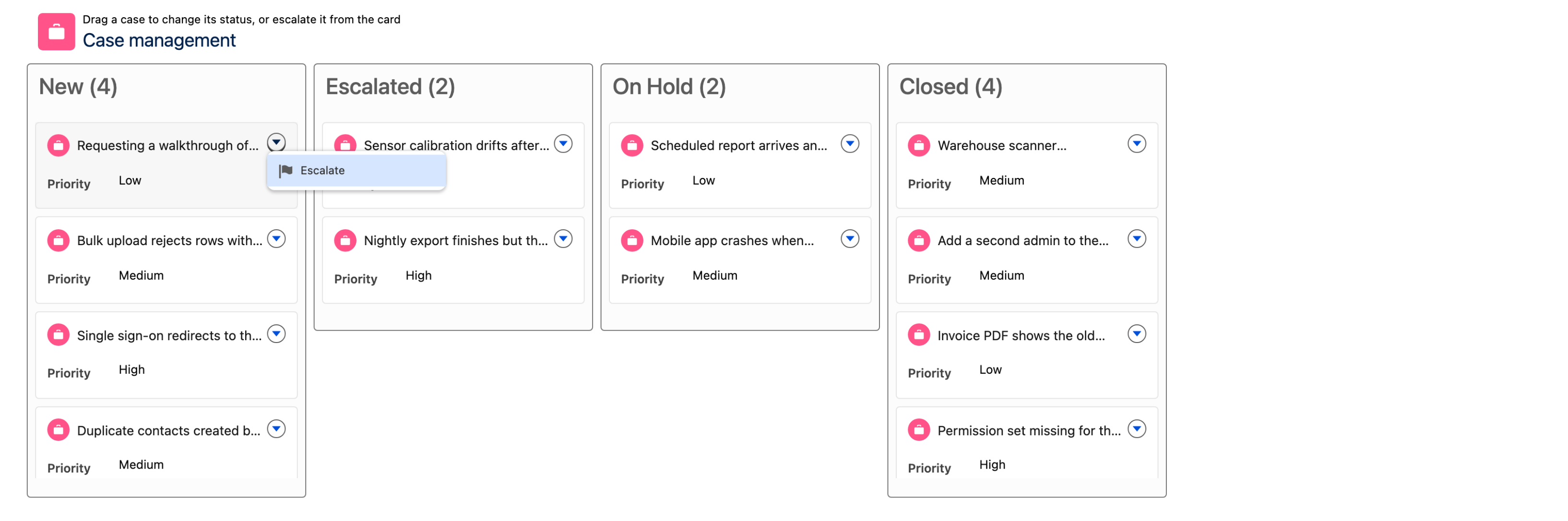A kanban board of cases in four status columns, with an open card menu showing an Escalate action