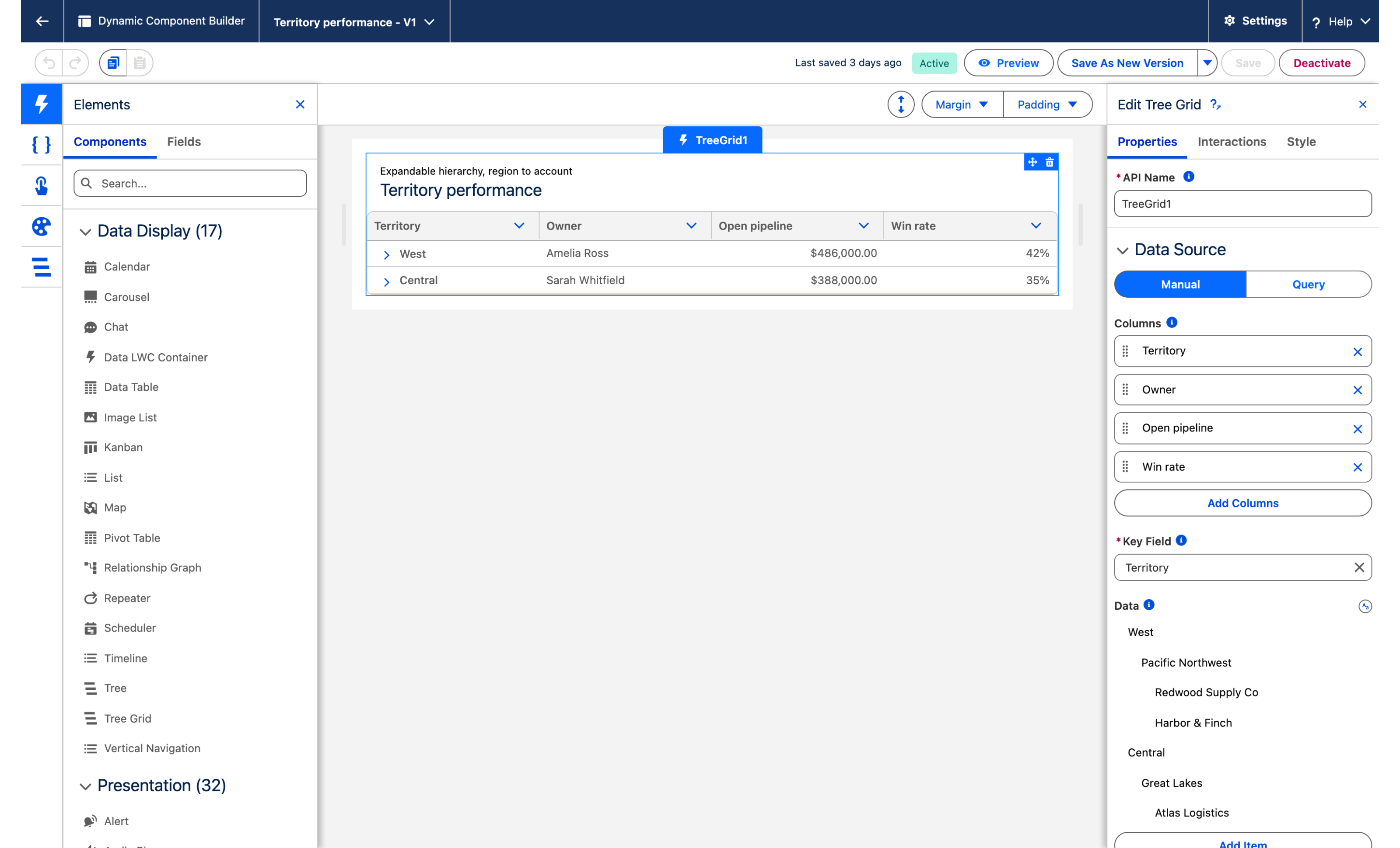 The Component Builder with a Tree Grid selected on the canvas and its Edit panel open