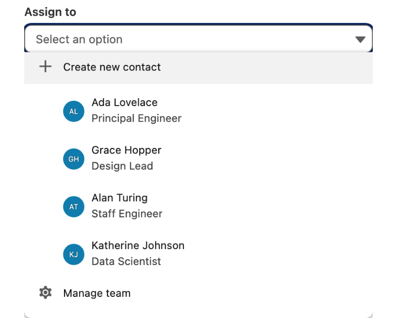 An open combobox dropdown with one action above the options and one below them, each with its own icon