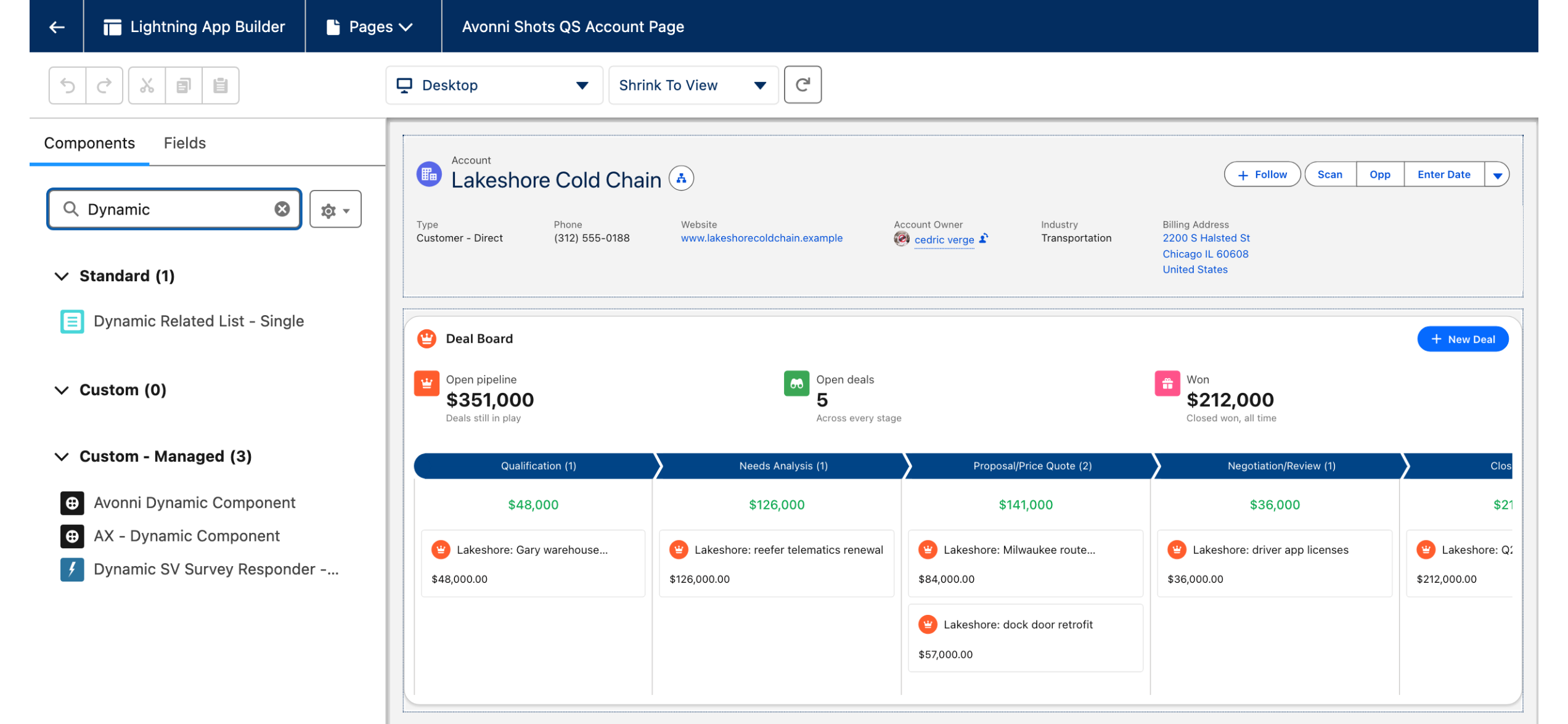 Lightning App Builder on an Account page: the component search filtered on Dynamic, showing AX - Dynamic Component under Custom - Managed, and the Deal Board rendered on the page canvas with live data