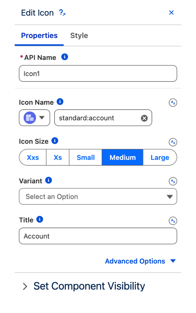 The Edit Icon panel showing the Properties tab with Icon Name, Icon Size, Variant, Title and the collapsed Advanced Options