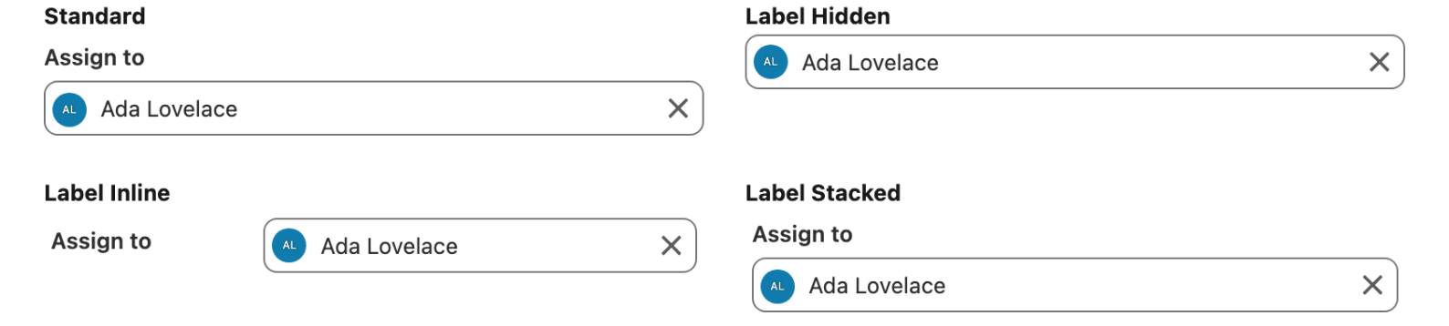 Four comboboxes showing the standard, label hidden, label inline and label stacked variants