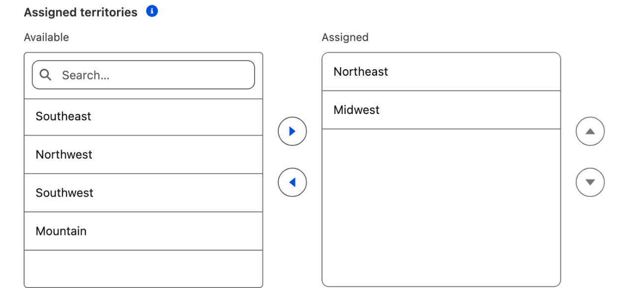 A dual listbox with a search box, an available list, an assigned list and the add, remove, up and down buttons