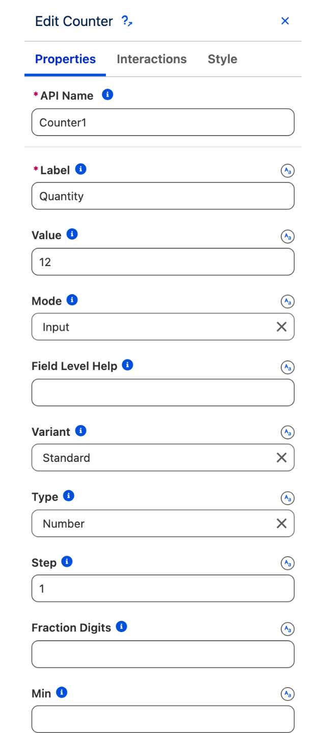 The Properties tab of the Edit Counter panel, listing Label, Value, Mode, Field Level Help, Variant, Type, Step, Fraction Digits and Min