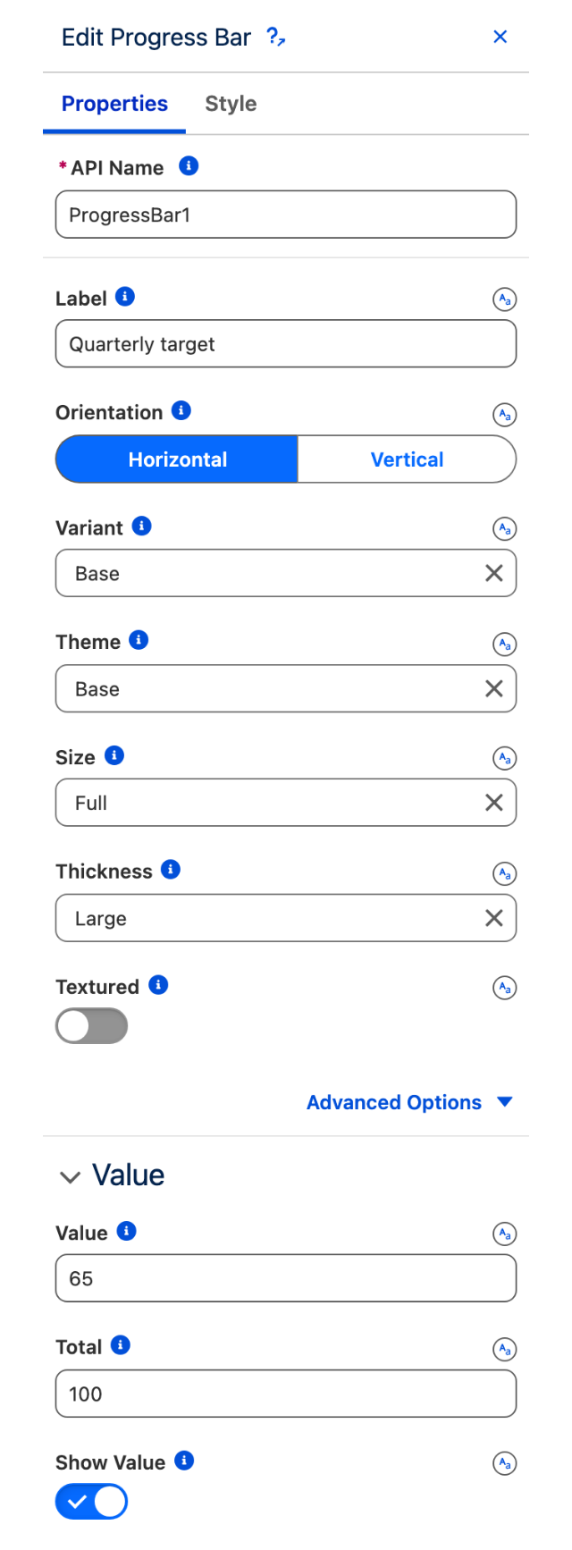 The Edit Progress Bar panel showing Label, Orientation, Variant, Theme, Size, Thickness and Textured, then the Value group