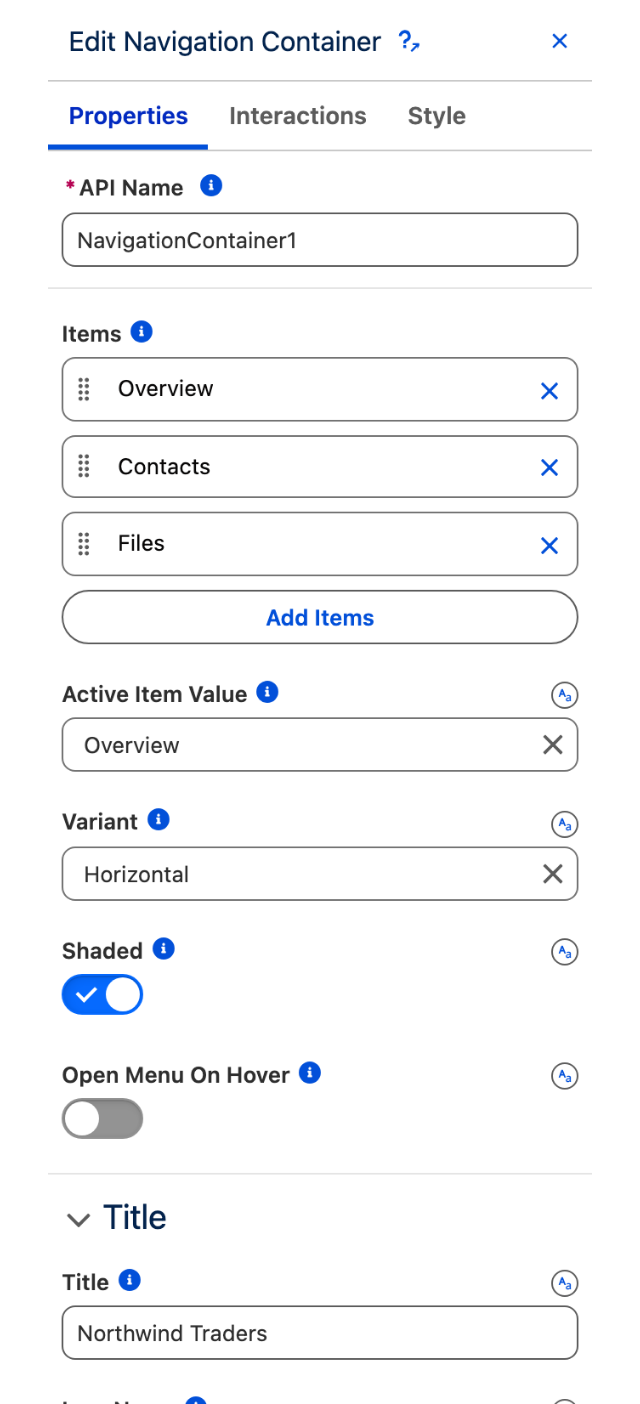 The Properties tab of the Edit Navigation Container panel