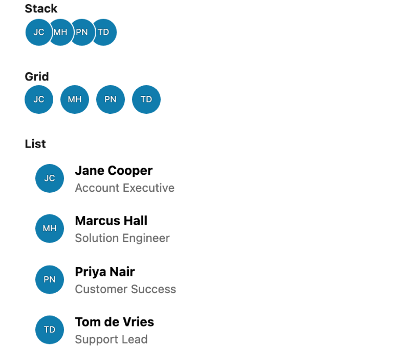 The Avatar Group in its stack, grid and list layouts
