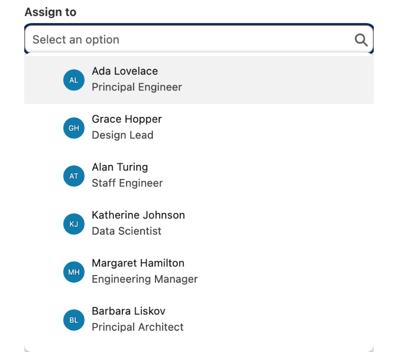 An open combobox dropdown with a search icon in the input and options showing an avatar and secondary text
