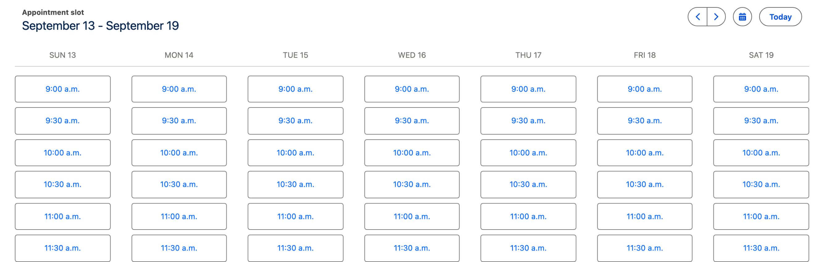 The Weekly variant showing seven day columns of time slots