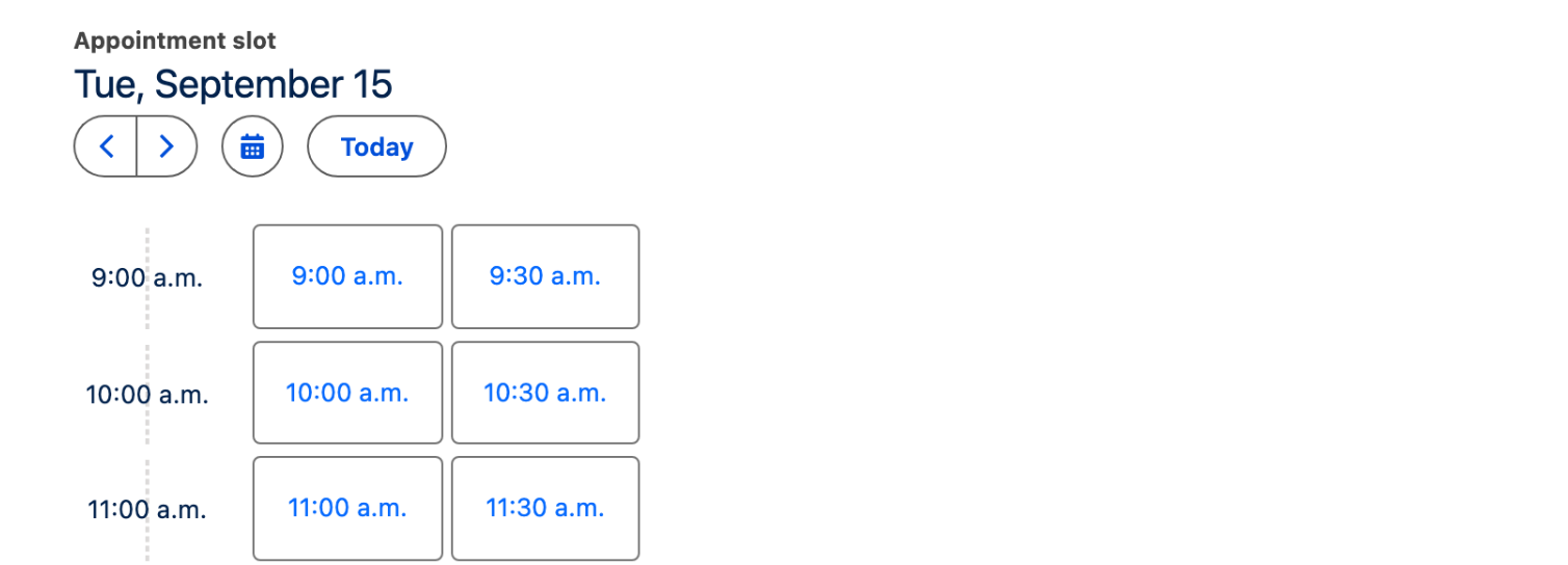 The Timeline variant showing slots grouped against an hour axis