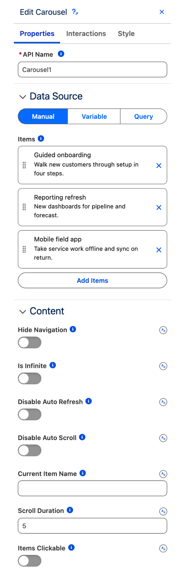 The Carousel Properties tab, with a Manual data source and its Items collection