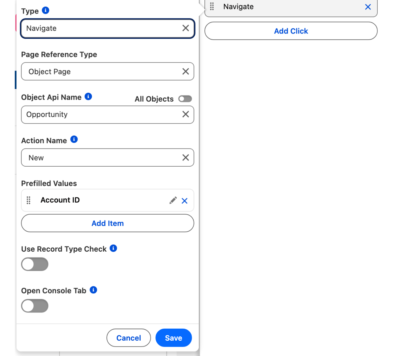 The Navigate action of the New Deal button: Page Reference Type Object Page, Object Api Name Opportunity, Action Name New, and a prefilled Account ID