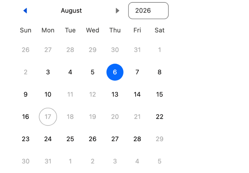 A calendar for August 2026 where the 1st, 2nd, 29th, 30th and 31st are greyed out by the Min and Max bounds, the 11th and 12th are greyed out individually, and the 17th to the 21st are greyed out as a block