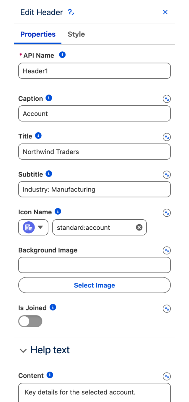 The Edit Header panel showing the Properties tab and the collapsed Help text section