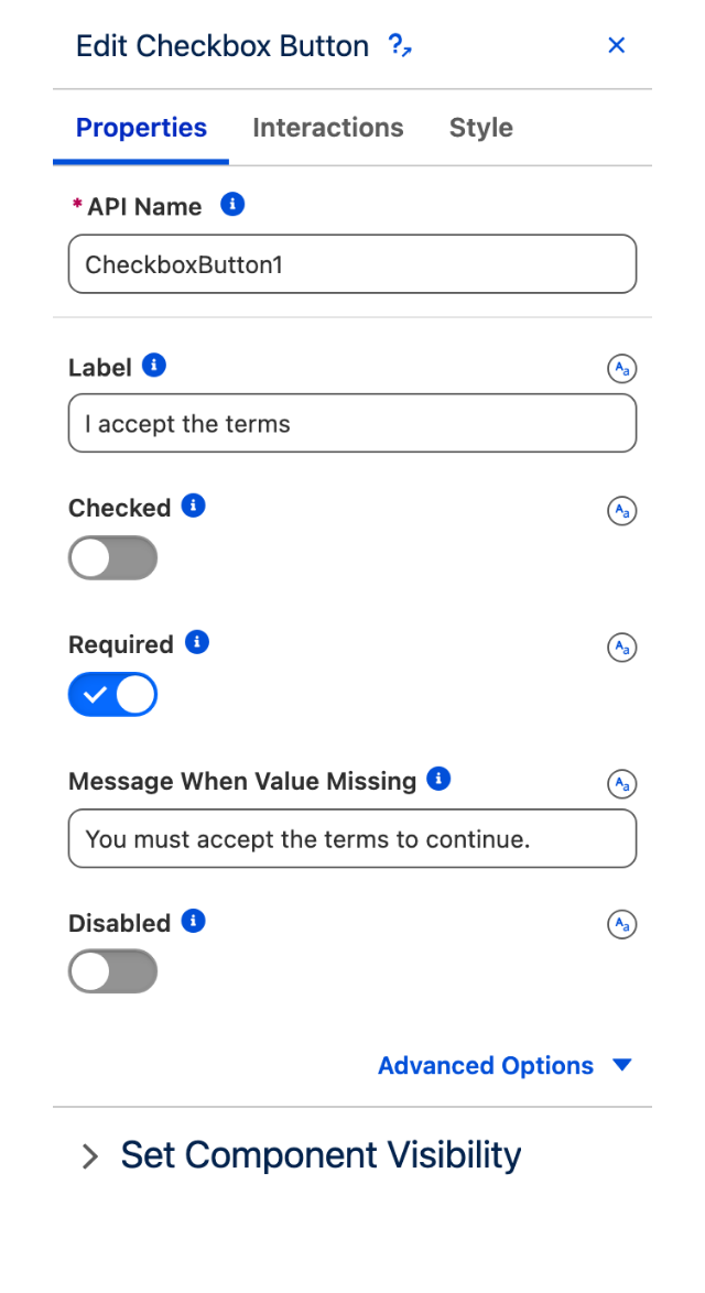 The Checkbox Button Properties tab, with Required enabled