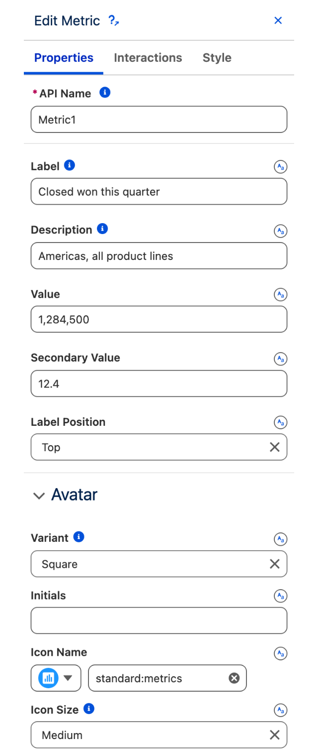 The Properties tab of the Edit Metric panel
