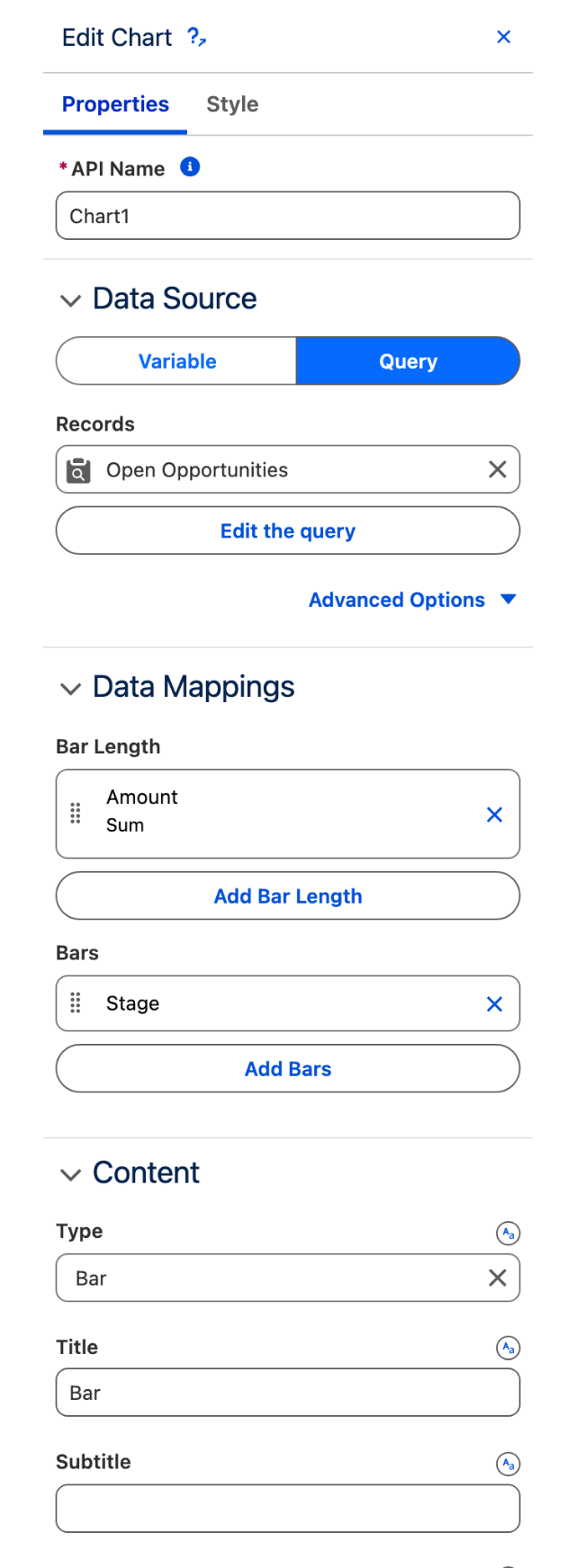 The Chart Properties tab, with a Query data source and its data mappings