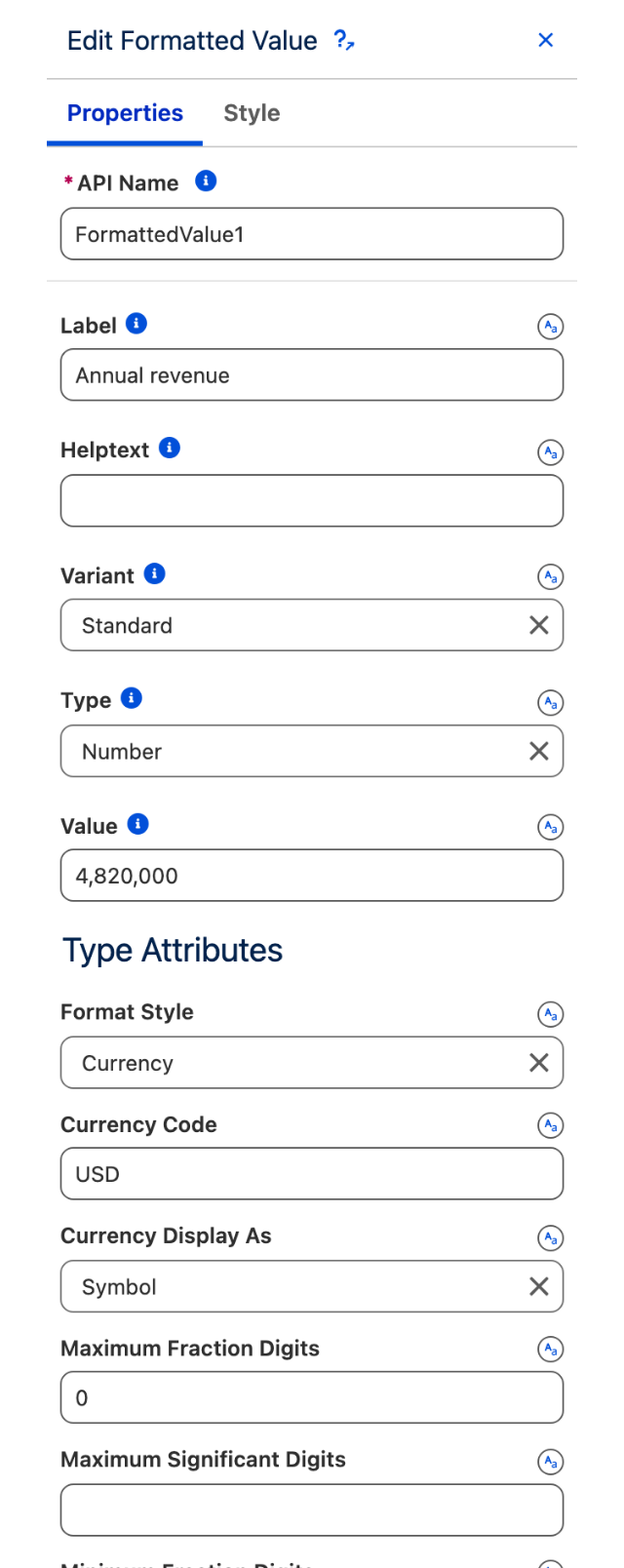 The Edit Formatted Value panel showing the Properties tab