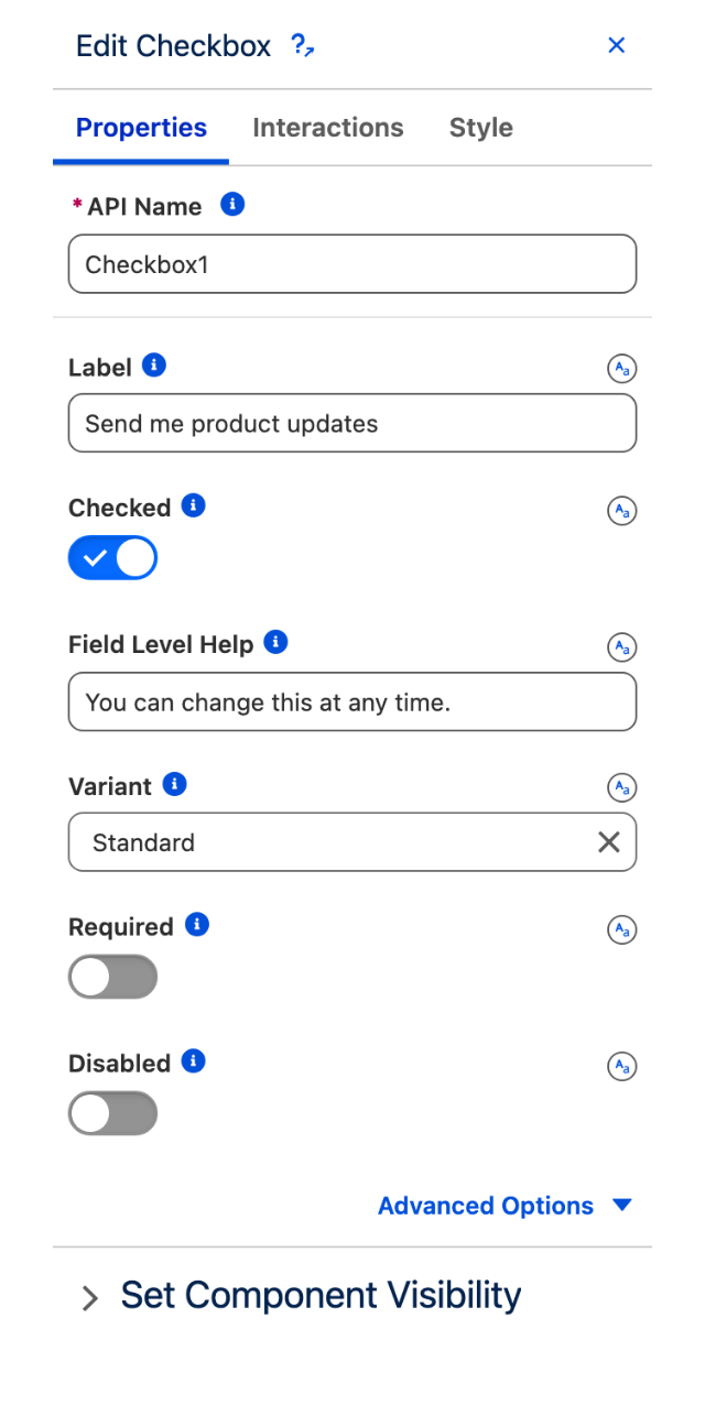 The Checkbox Properties tab