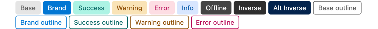Fourteen chips showing the base, brand, success, warning, error, info, offline, inverse and alt-inverse variants, then five of the same variants with Outline on