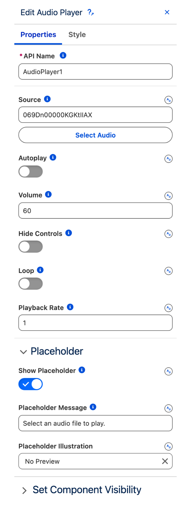 The Properties tab of the Edit Audio Player panel
