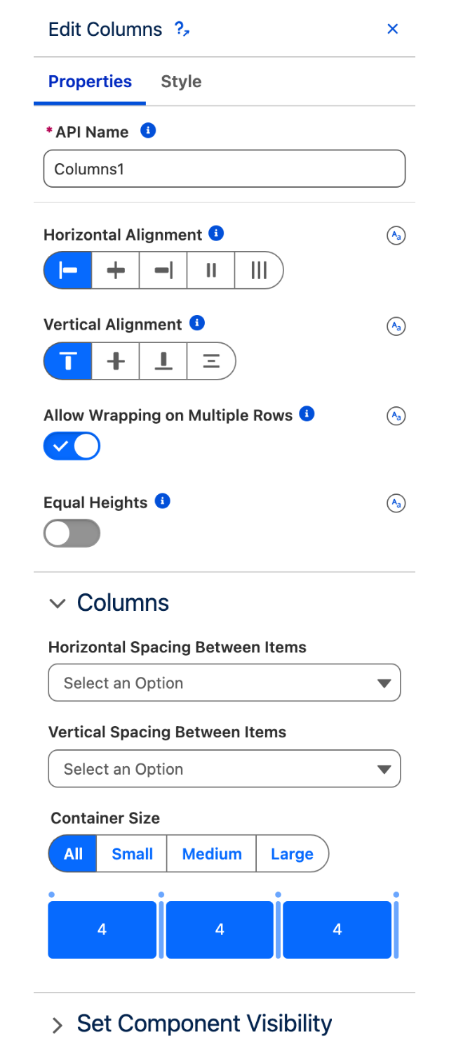 The Properties tab of the Edit Columns panel, showing the alignment controls, the two spacing comboboxes, the Container Size selector and a strip of three columns each sized 4