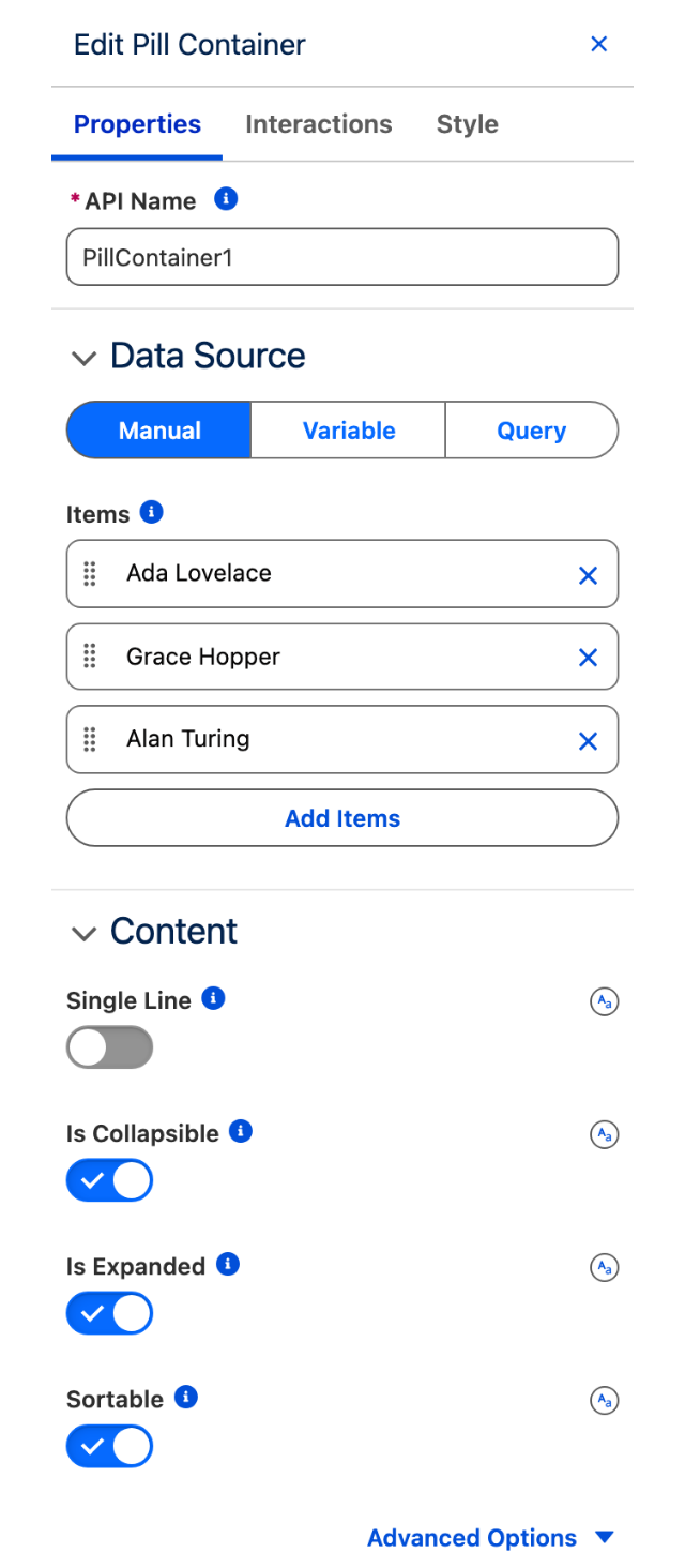 The Properties tab of the Edit Pill Container panel