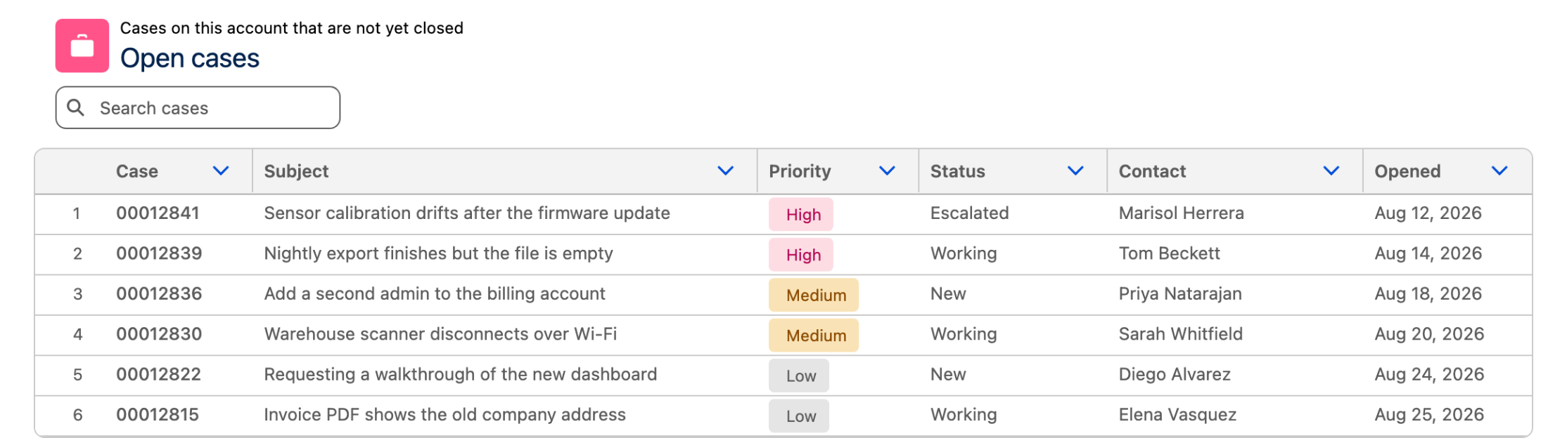 The same open cases table with a search box above it and noticeably tighter rows