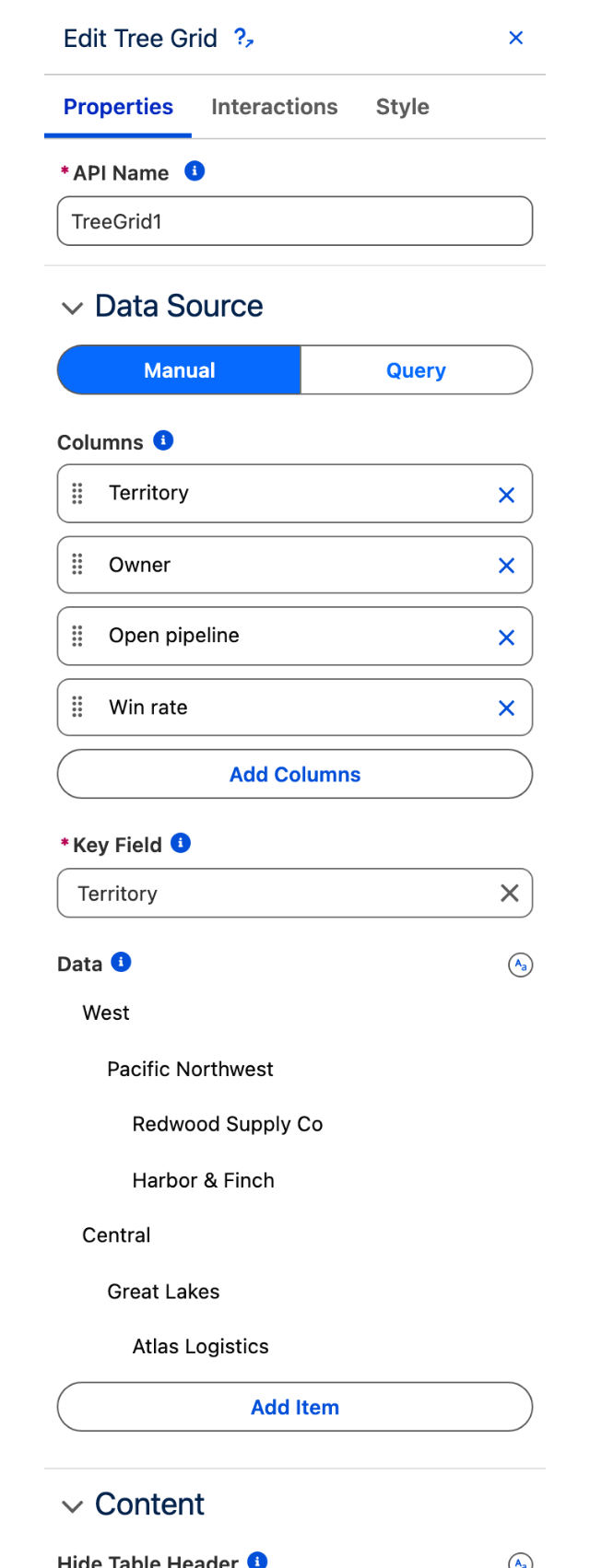 The Properties tab showing the Manual and Query switch, then Columns, Key Field and Data