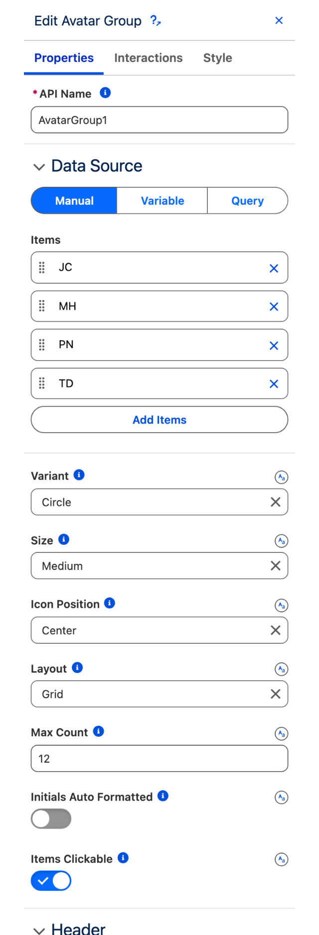 The Properties tab of the Edit Avatar Group panel
