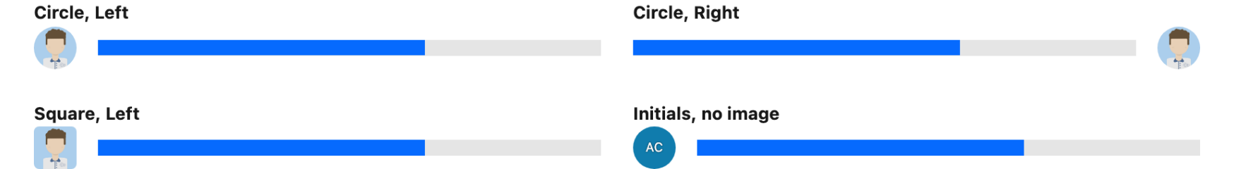 Four progress bars with an avatar: circular on the left, circular on the right, square on the left, and initials with no image