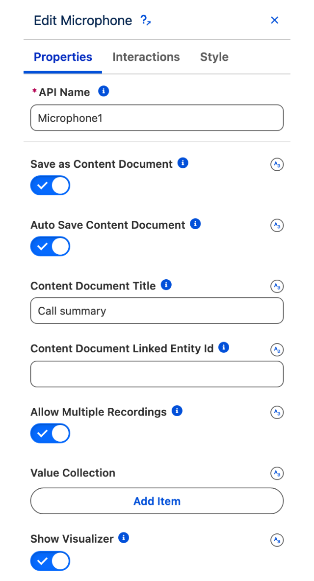 The Properties tab of the Edit Microphone panel