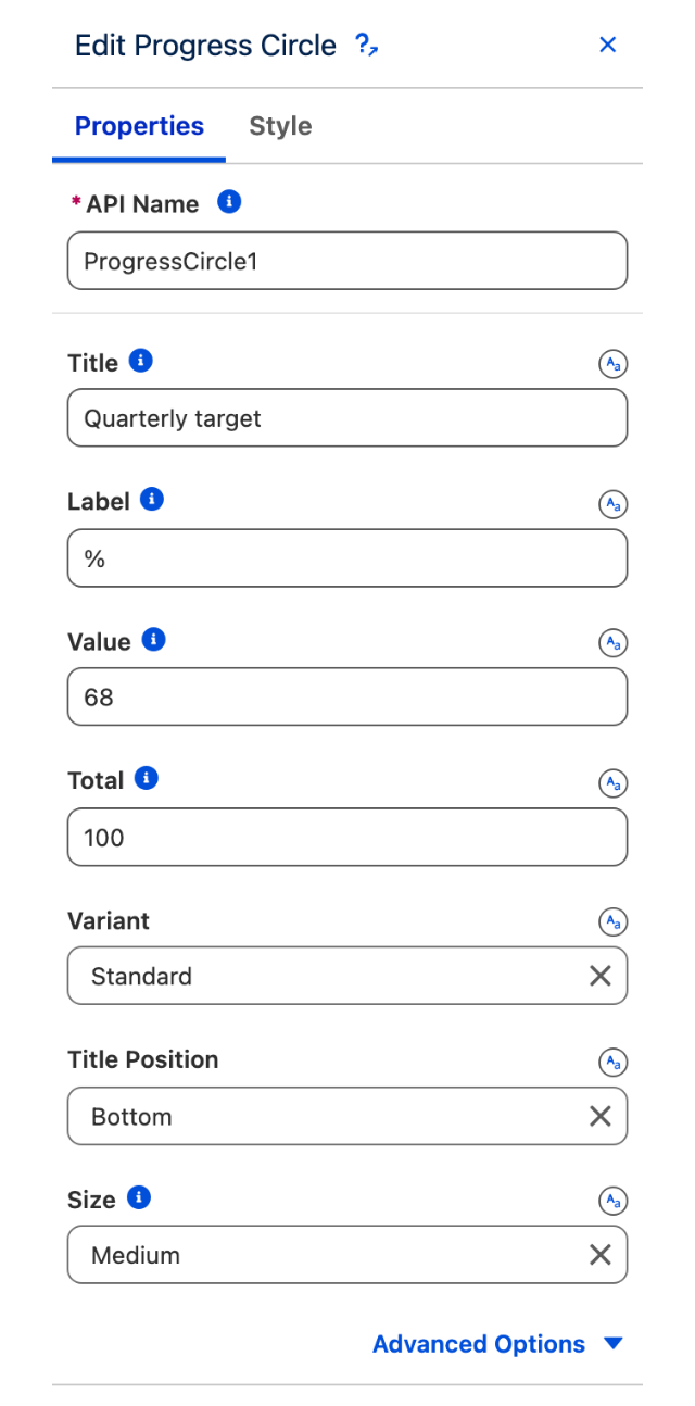 The Edit Progress Circle panel showing Title, Label, Value, Total, Variant, Title Position and Size above the Advanced Options link