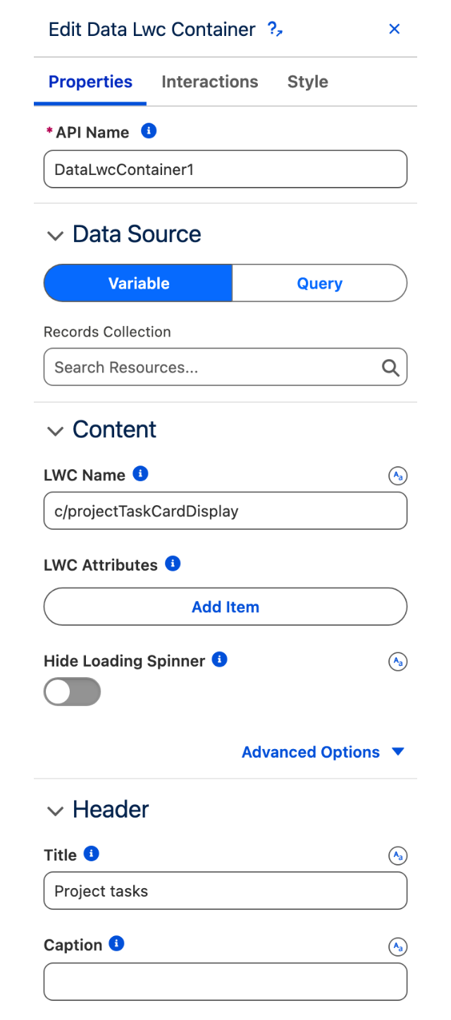 The Properties tab of the Edit Data LWC Container panel, showing the Variable and Query data source switch, the Content section with LWC Name and Hide Loading Spinner, and the start of the Header section