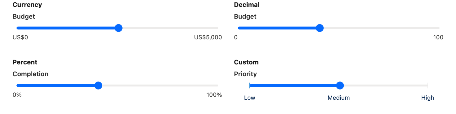 Four sliders formatted as currency, decimal, percent and custom labels