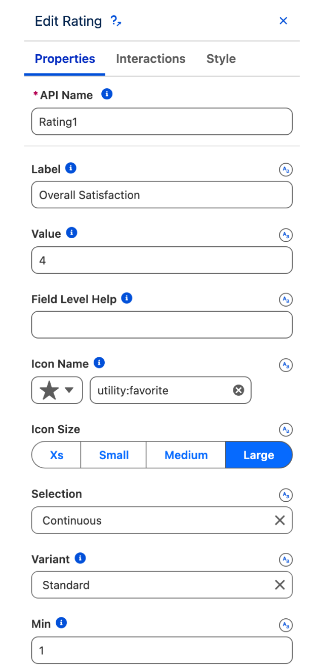 The Edit Rating panel showing Label, Value, Field Level Help, Icon Name, Icon Size, Selection, Variant and Min