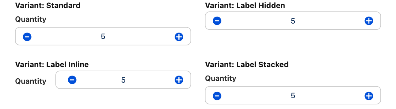 Four counters showing the standard, label hidden, label inline and label stacked variants