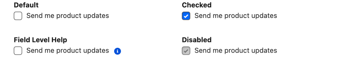 A checkbox unchecked, checked, with field level help, and disabled