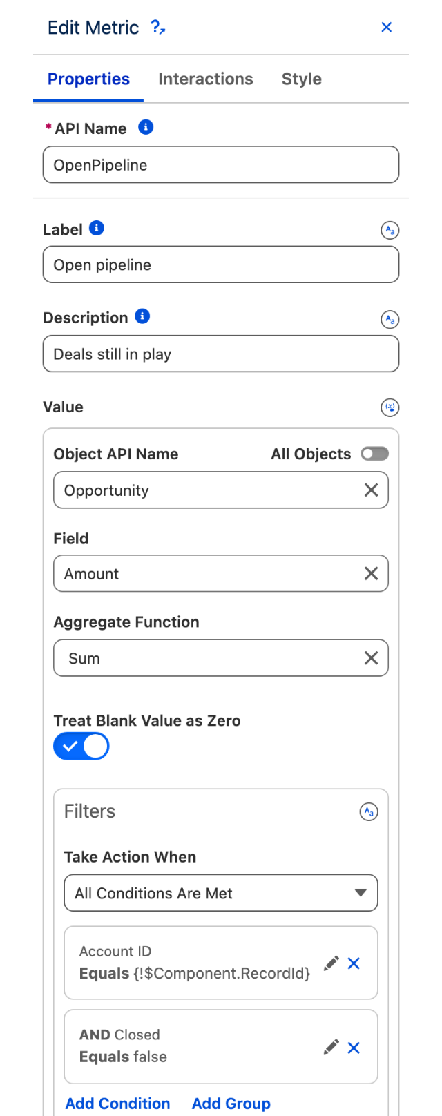 The Edit Metric panel for OpenPipeline: Value summing Opportunity Amount, filtered on Account ID equals the component Record Id and Closed equals false