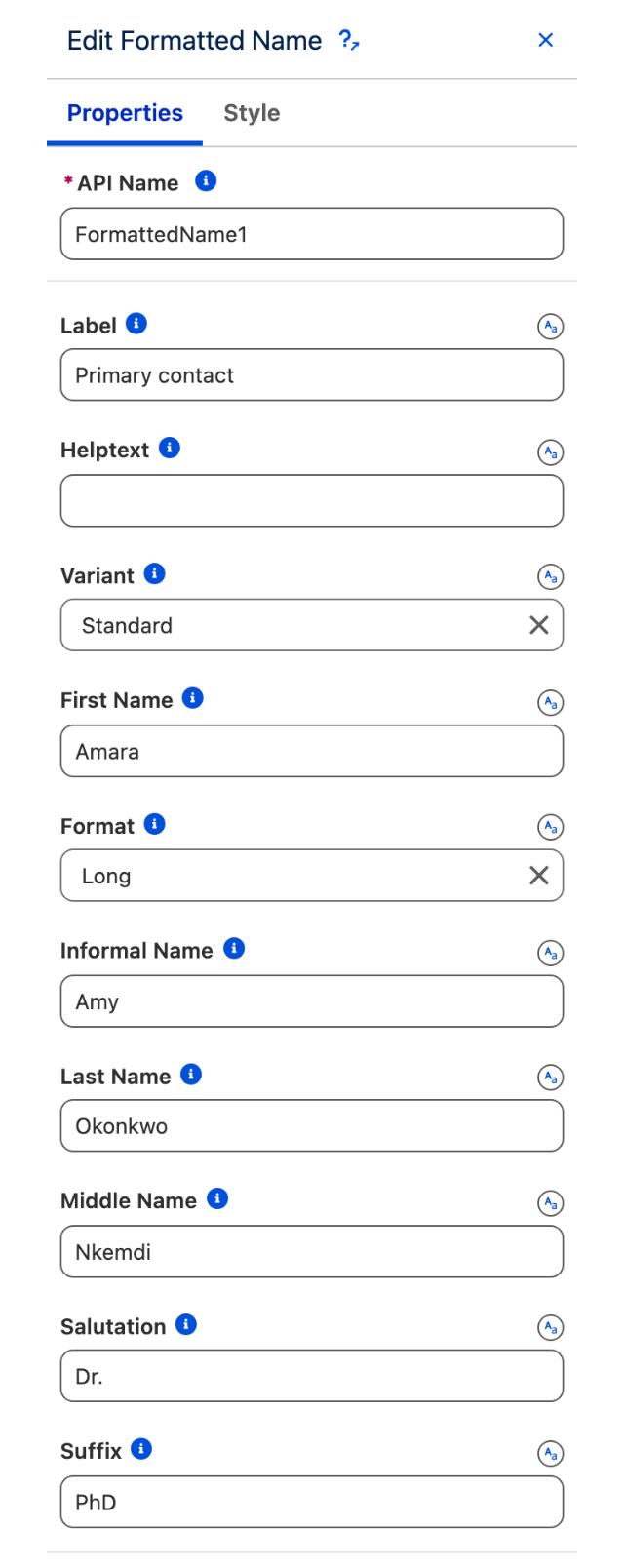 The Edit Formatted Name panel showing the Properties tab and the collapsed Avatar section