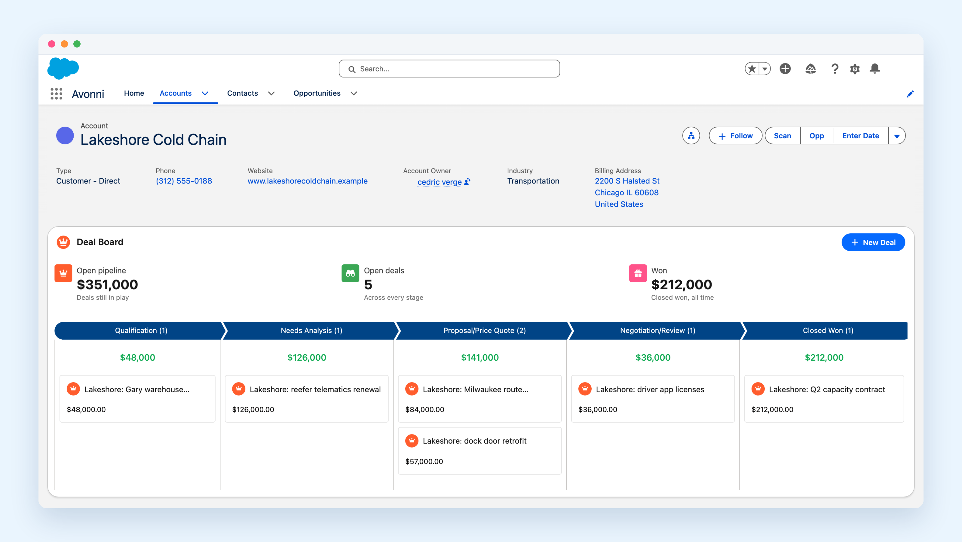 The Lakeshore Cold Chain account page with a Deal Board: three metrics reading $351,000 open pipeline, 5 open deals and $212,000 won, a New Deal button, and a Kanban of the account's deals across five stages with a total on each column