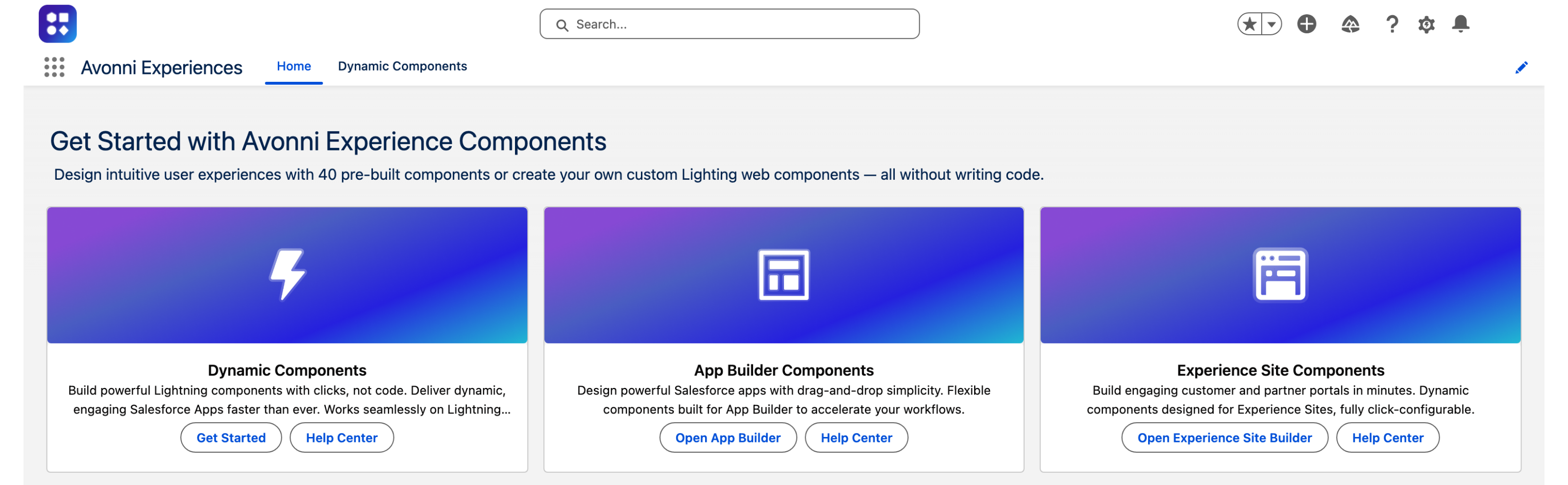 The Avonni Experiences home page: Get Started with Avonni Experience Components, and three cards for Dynamic Components, App Builder Components and Experience Site Components, the first with a Get Started button