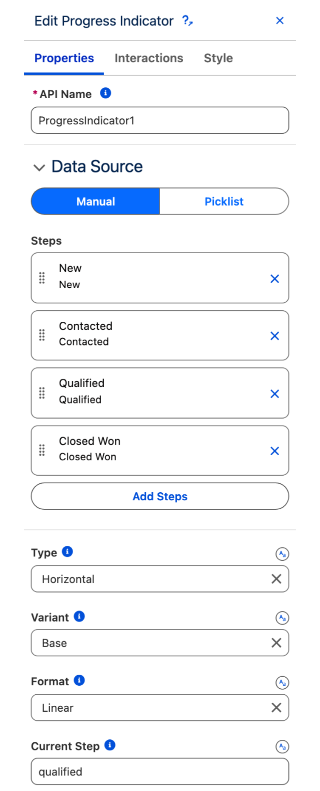 The Edit Progress Indicator panel with the Manual and Picklist data source switch, the Steps list, and Type, Variant, Format and Current Step below it