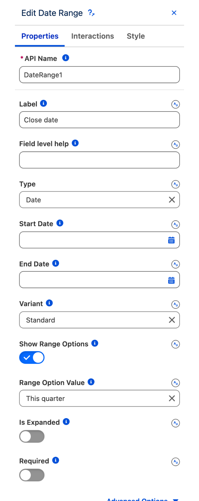 The Edit Date Range Picker panel showing the Properties tab