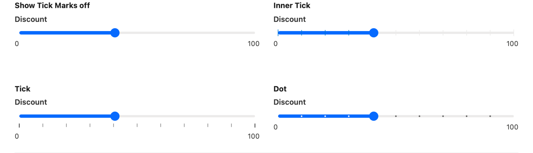 Four sliders with a step of 10: no tick marks, inner tick marks, tick marks below the track, and dots