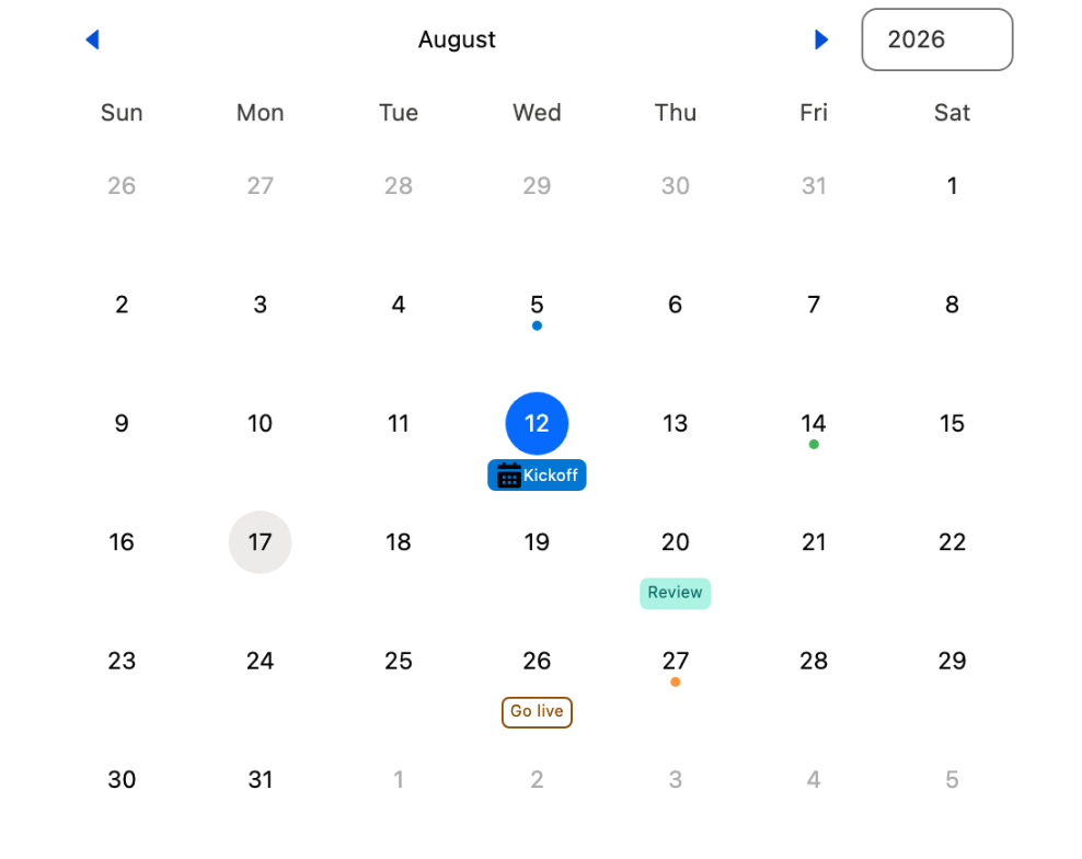 A calendar for August 2026 with a blue Kickoff badge carrying a calendar icon under the 12th, a green Review badge under the 20th, an outlined Go live badge under the 26th, and small colored dots under the 5th, 14th and 27th