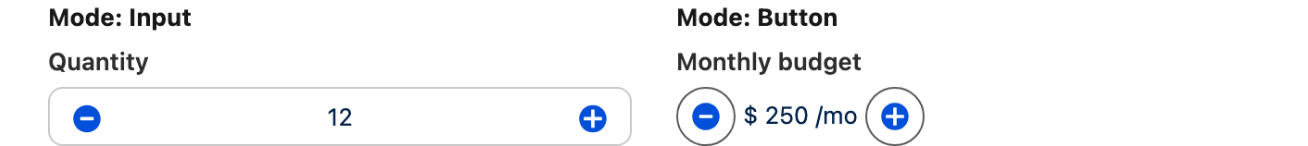 Two counters, the first a full-width number input with a minus and a plus button at each end, the second a compact control showing a dollar sign, the value and a per month suffix between two round buttons