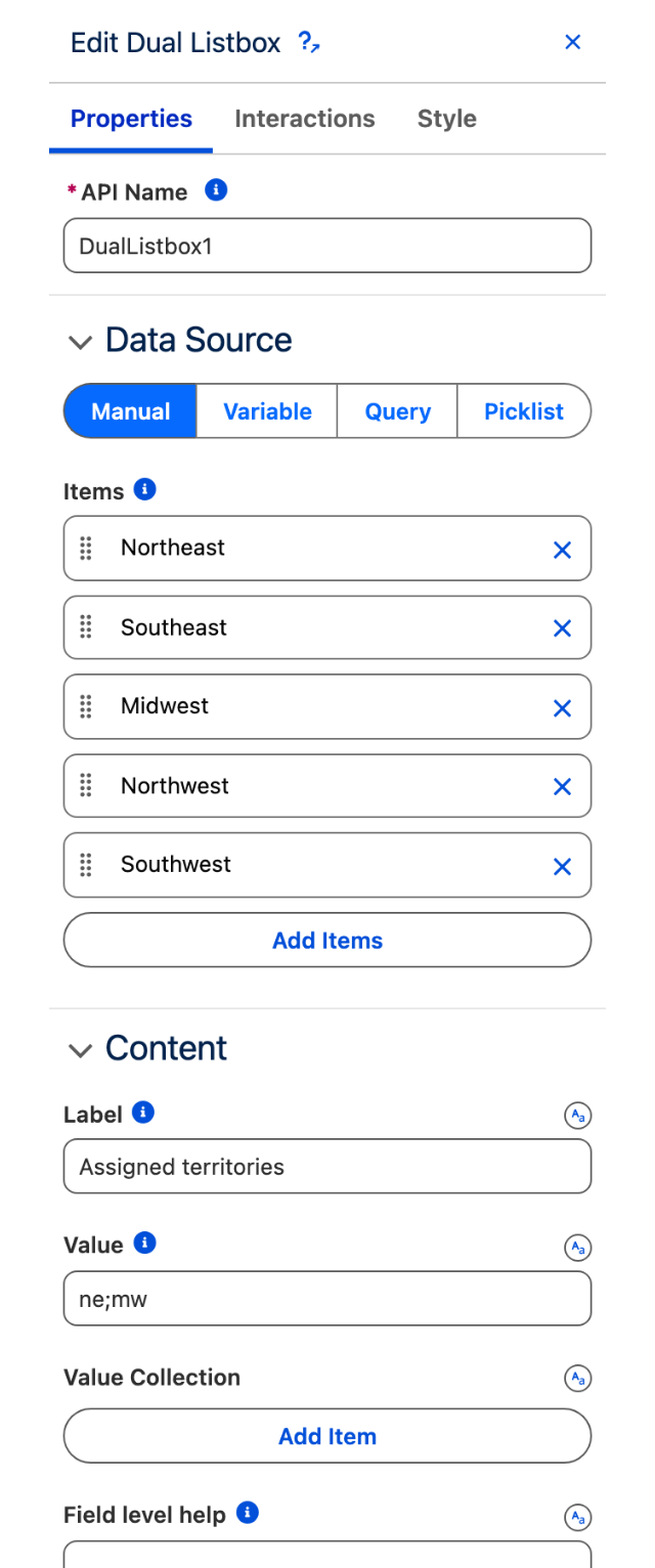 The Edit Dual Listbox panel showing the Data Source switch, the Items collection and the Content settings