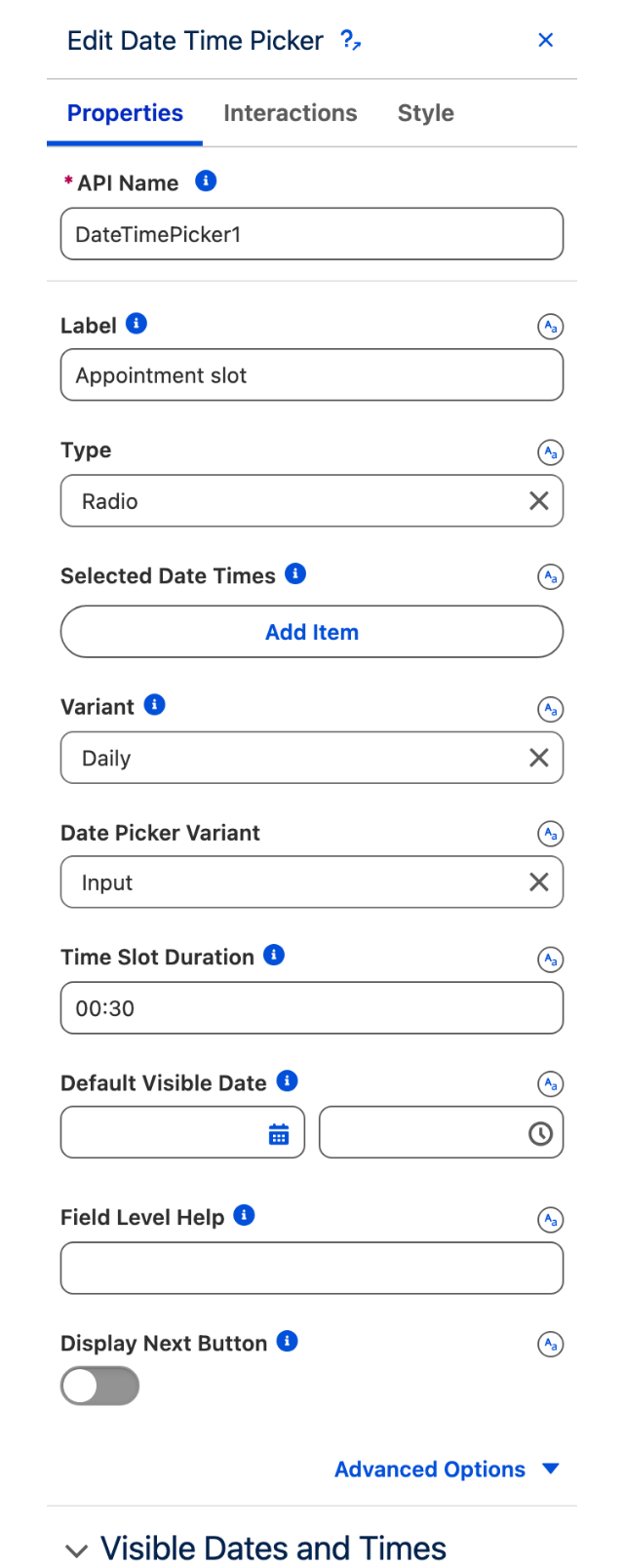 The Edit Date Time Picker panel showing three tabs and the collapsed Advanced Options