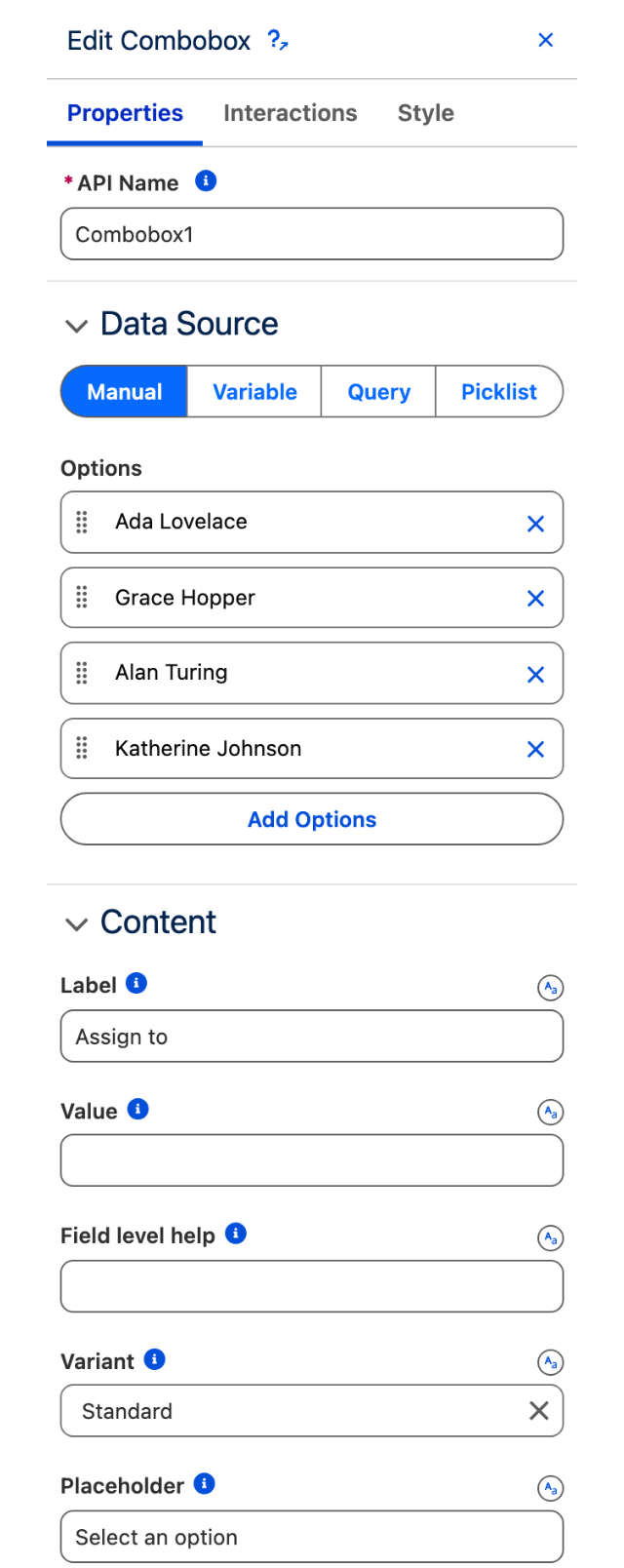 The Properties tab showing the Manual, Variable, Query and Picklist data source switch above the Options list and the Content settings